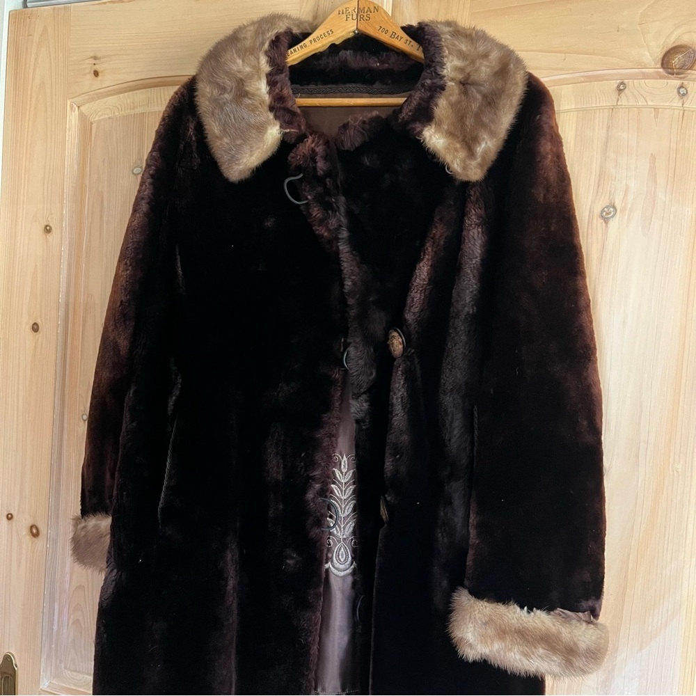 Vintage Brown Fur Long Coat Mink Fur Collar Custom Made - Classy Elegant Luxury - Picture 1 of 16